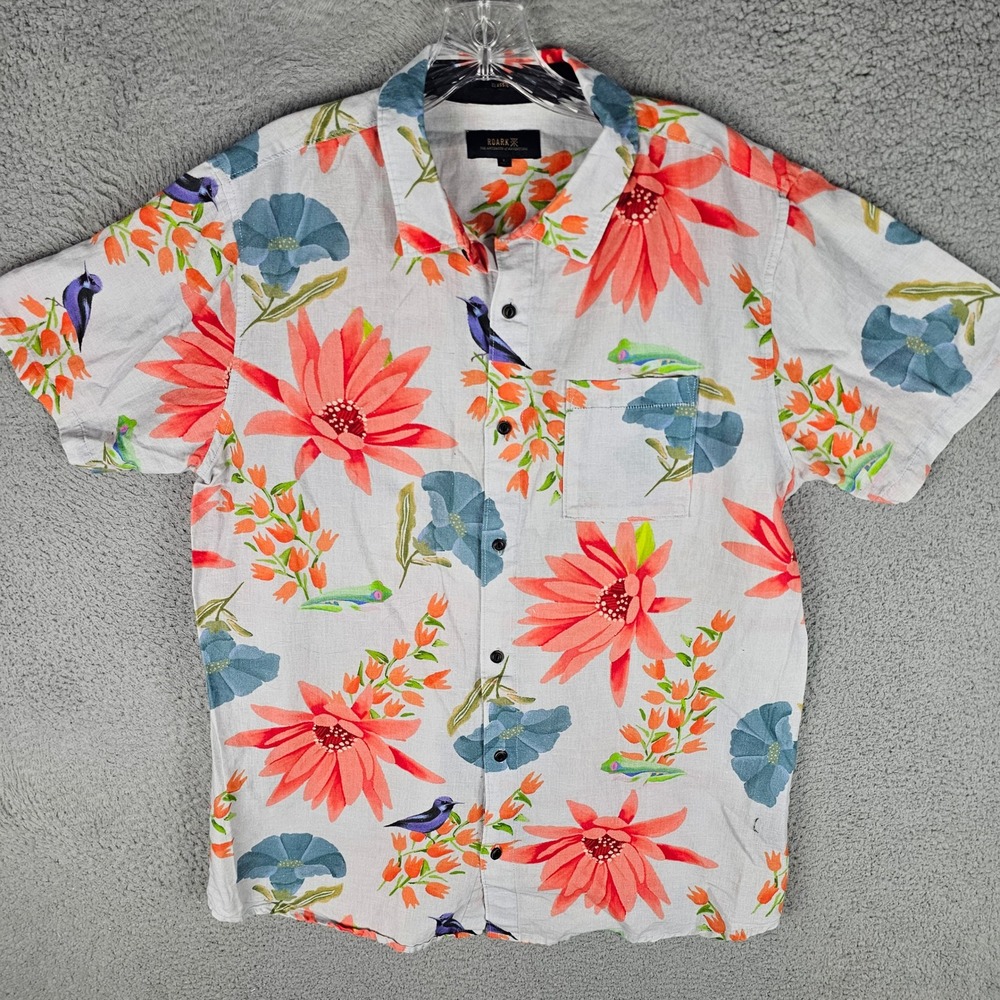 Roark Button Down Men L White Floral Artifacts of Adventure Cotton Linen Shirt